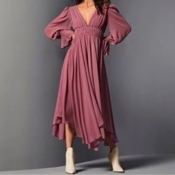 GIANNI BINI Shay Low Cut Pleated Midi Dress Long Sleeve Mauve Purple Sz 2 4 New - Picture 2 of 14